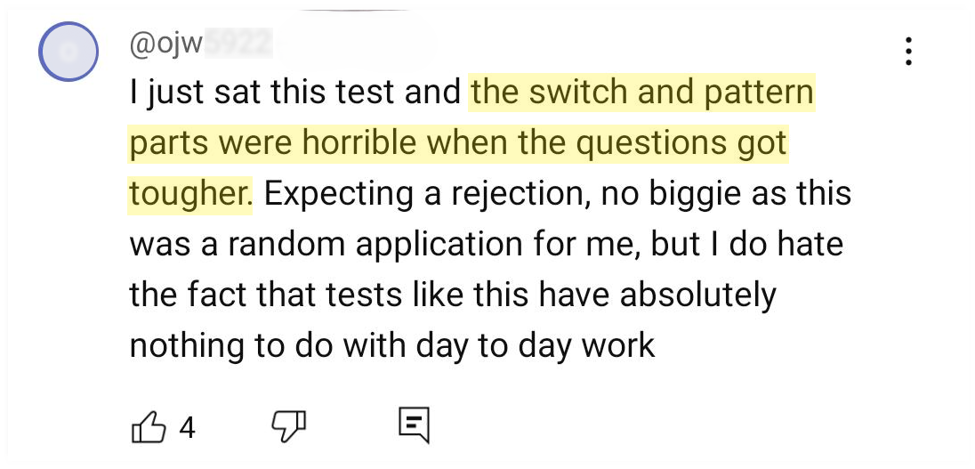 YouTube Comment: "The switch and pattern parts were horrible when the questions got tougher"