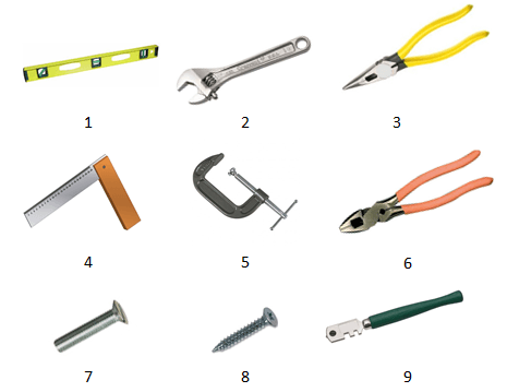 Image of nine tools arranged in order: spirit level, adjustable wrench, needle-nose pliers, combination square, C-clamp, combination pliers, bolt, screw, and wire stripper.